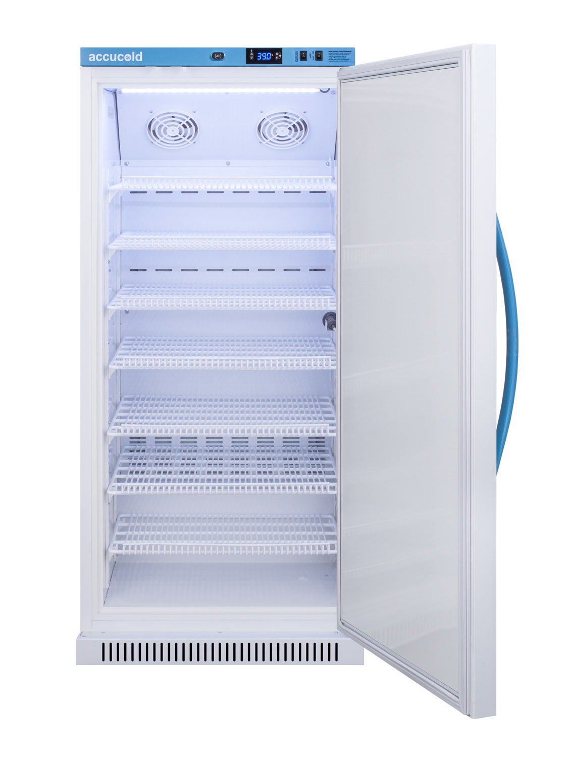 Purpose-built all-refrigerator for breast milk storage with 7 adjustable shelves, antimicrobial silver-ion handle, and hospital grade cord with 'green dot' plug